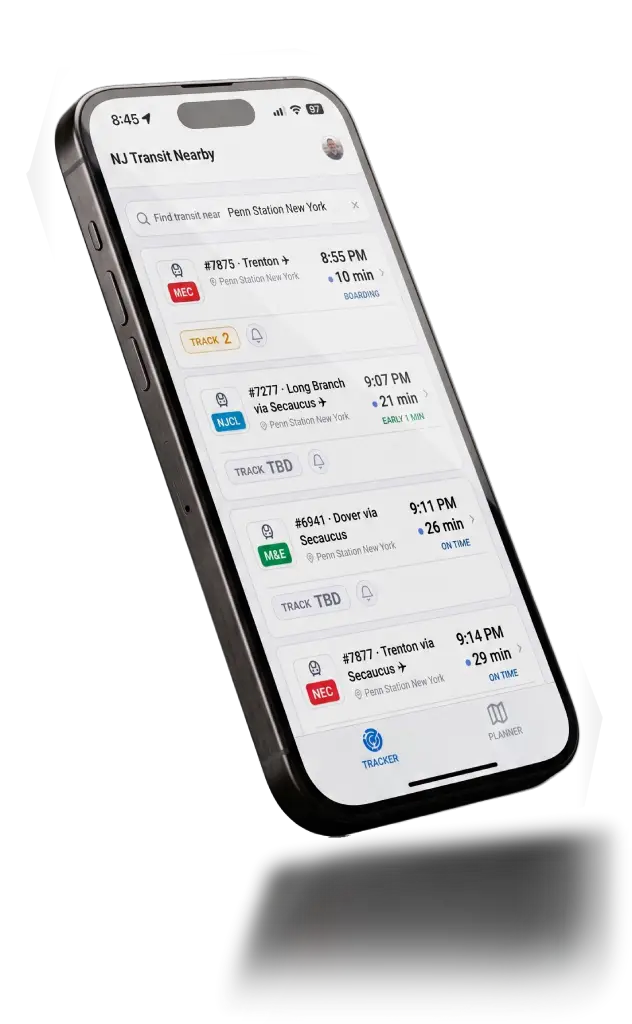 The NJT Tracker app on a phone, showing the next trains from Penn Station New York with their times, delays and track numbers.
